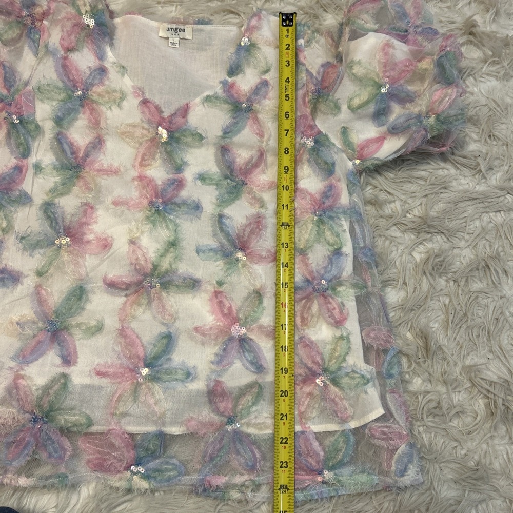 Umgee 3D Floral Boho Hippie Sheer Top Blouse Size L Puff Sleeves Sequins‎ Mesh - Picture 13 of 13